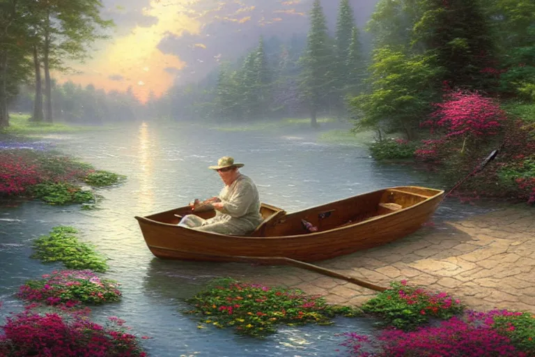 Prompt: thomas kinkade painting of tom hanks fishing in a boat on a pond