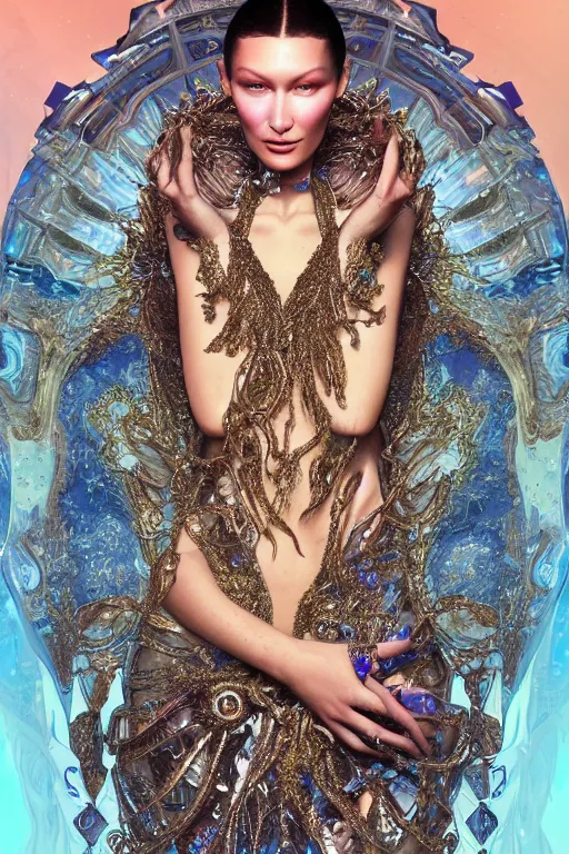 Prompt: a highly detailed portrait of a beautiful alien woman goddess bella hadid in iris van herpen dress in diamonds and fractals in style of alphonse mucha art nuvo dmt trending on artstation made in unreal engine 4