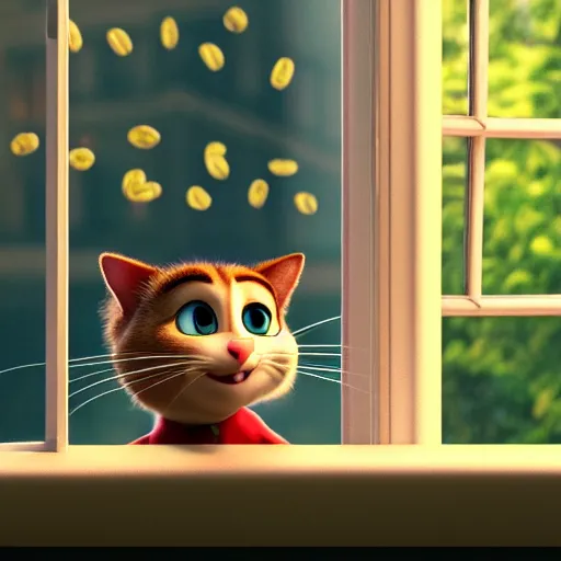 Prompt: a happy cat with big eyes looking for a cup of coffee in beautiful morning at a house window. Pixar Disney 4K 3d render funny animation movie Oscar winning trending on ArtStation and Behance. Ratatouille style.