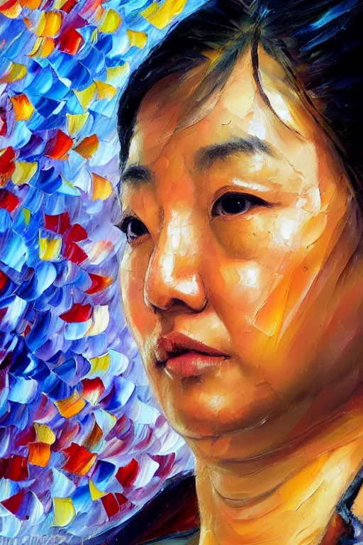 Image similar to palette knife oil painting portrait of a female asian police psychiatrist, extreme detail, style by leonid afremov and degas, artstation trending, artgerm, deviant art, octane, substance, art history 8 k