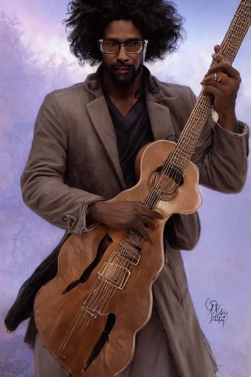 Prompt: A mystical mesmerizing 8k hyperrealistic Photo Portrait of a black man with long curly hair, wearing glasses, carrying a guitar, transforming into ice, soft, sharp focus, detailed, art by Greg Rutkowski and artgerm and Alphonse Mucha