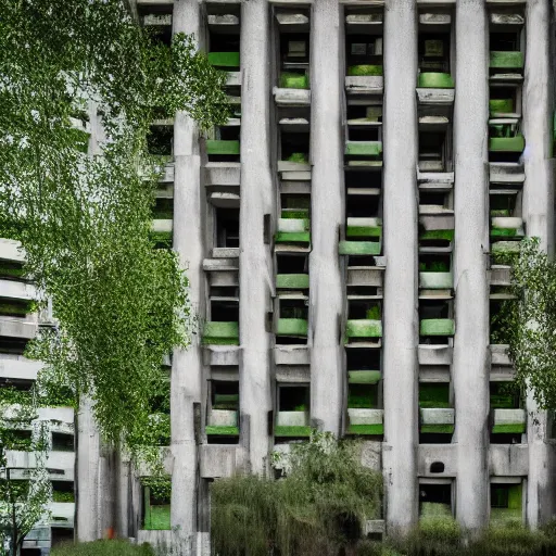 Prompt: Beautiful Brutalist Building, greenery,elegant, intricate, Long Shot, Wide shot, Full Shot, 4K