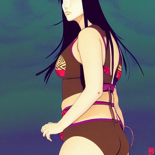 Image similar to a beautiful plus sized model japanese natalie portman, alluring plus sized model with brown skin, wearing mayan leotard with overalls, street fashion hip hop style with mayan patterns, aztec street fashion, gapmoe yandere grimdark, trending on pixiv fanbox, painted by greg rutkowski makoto shinkai takashi takeuchi studio ghibli, akihiko yoshida