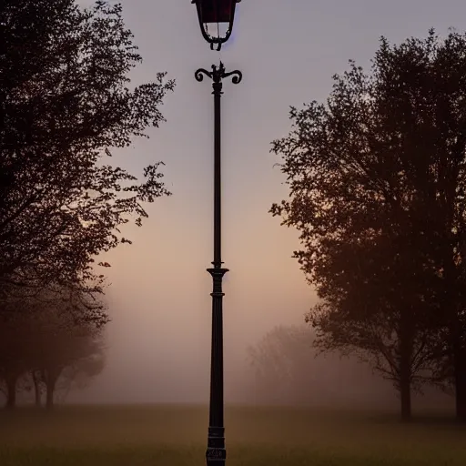 Prompt: a victorian street lamp in a foggy field at dusk, indigo sky