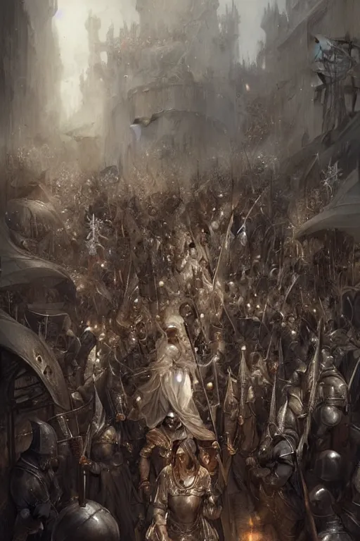 Prompt: medieval parade of knights, by wlop, by luis royo, by peter mohrbacher, concept art, digital illustration, intricate, masterpiece, elegant, super detailed, unreal engine rendering, smooth, sharp focus, artstation hq