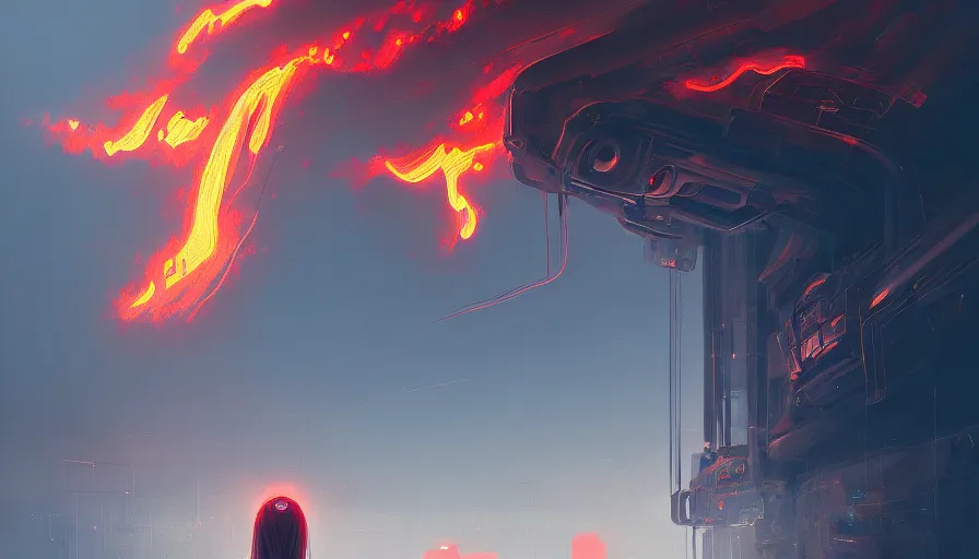 Prompt: moody portrait of a vast flaming robotic hellscape full of robotic chains and fite, path traced, environment, highly detailed, high quality, digital painting, alena aenami, lilia alvarado, shinji aramaki, karol bak, alphonse mucha, tom bagshaw