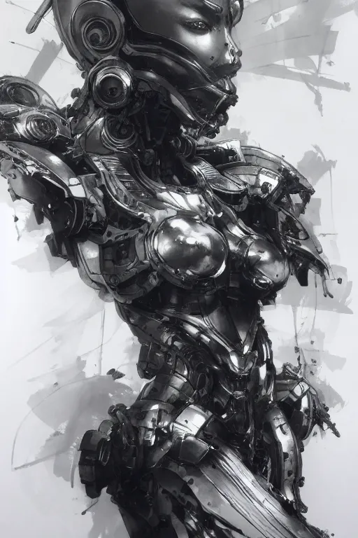 Prompt: detailed graphite art of a cyborg with japanese aesthetic, detailed character drawing, ruan jia, yoji shinkawa, yoshitaka amano, award - winning art