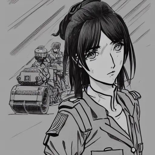 Image similar to manga style, gpen line art, portrait of a girl under artillery fire, trench sandbags in background, soldier clothing, short hair, hair down, symmetrical facial features, from marvel comic, detailed drawing, trending on artstation, by professional mangaka masashi kishimoto and naoki urasaw