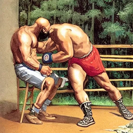 Image similar to mr. t fighting old man, backyard wrestling, intricate complexity, extremely detailed, very sharp,