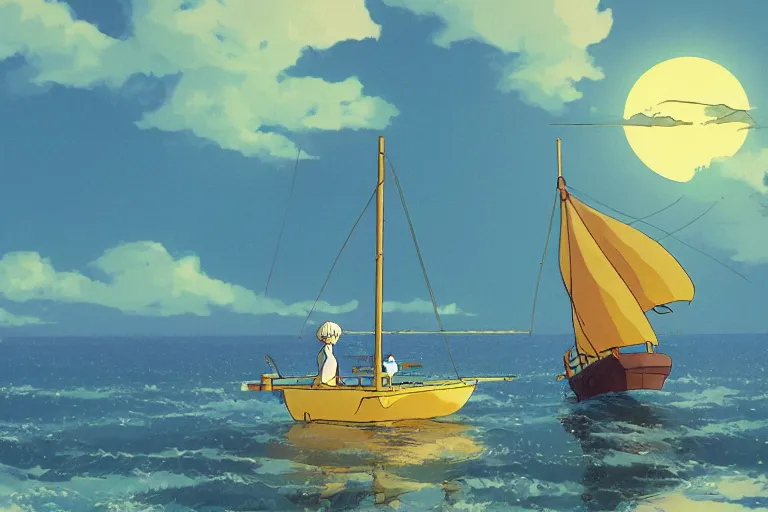 Prompt: sailor cat in a yellow raincoat and an eyepatch sailing a fishing boat through a tropical archipelago, morning sunrise, clouds, beautiful, summer, calm, studio ghibli, art by hayao miyazaki, makoto shinkai