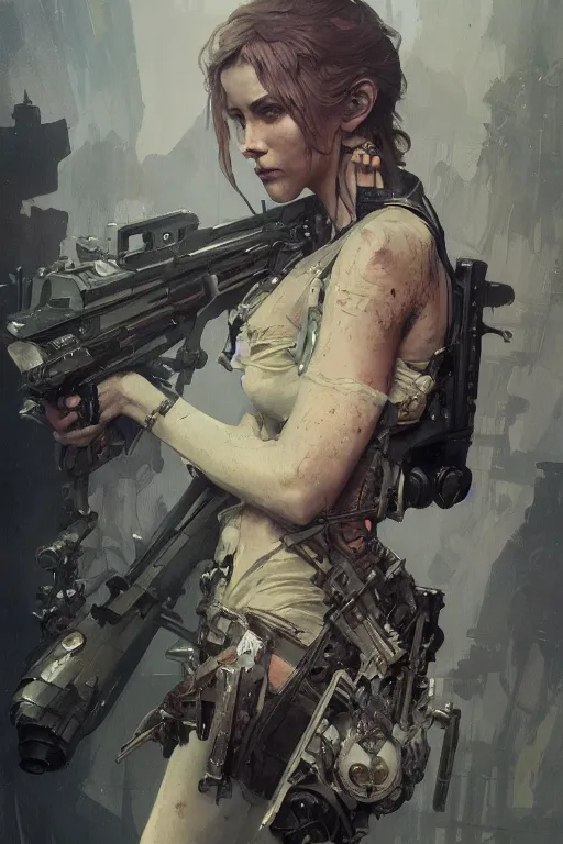 Image similar to A full portrait of a beautiful post apocalyptic offworld arms dealer, intricate, elegant, highly detailed, digital painting, artstation, concept art, smooth, sharp focus, illustration, art by Krenz Cushart and Artem Demura and alphonse mucha