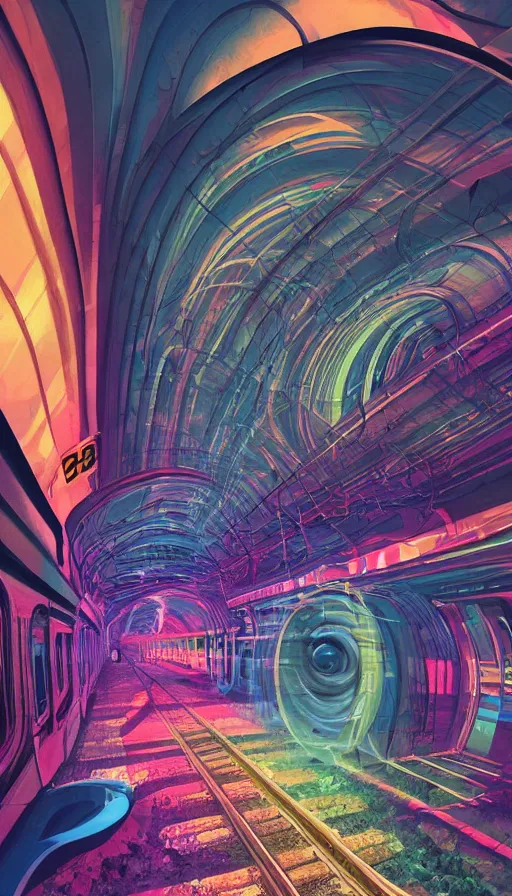 Image similar to a train driving through a psychedelic tunnel, by beeple,