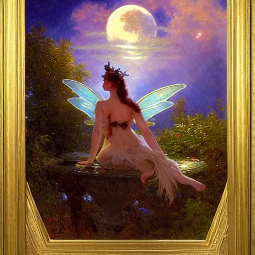 Image similar to attractive fairy magically floating high in the night, fantasy, full moon in background. highly detailed painting by gaston bussiere, craig mullins, j. c. leyendecker, sharp focus, 8 k