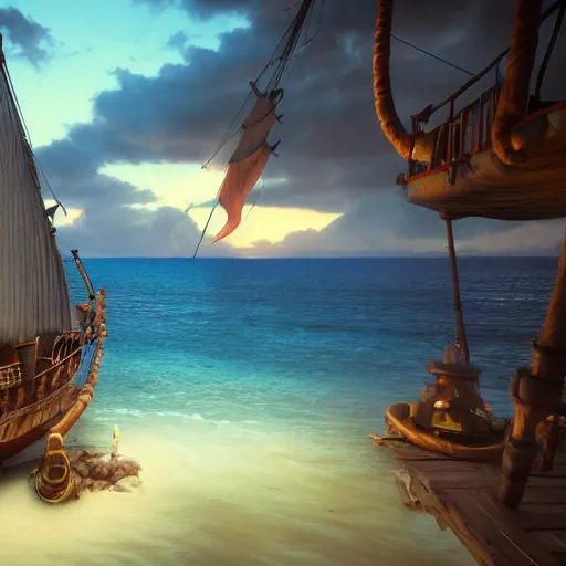 Prompt: a beautiful pirate ship by Renato muccillo and Andreas Rocha, trending on artstation, tropical lagoon, bright sky, bright lighting , rendered in unreal engine