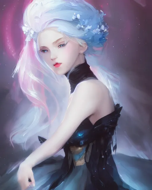 Image similar to girl with white hair and black skirt, flower decorations, dreamy, beautiful illustration, scifi, atmosphere, top lighting, blue eyes, perfect composition, smooth, artstation, highly detailed, art by yuhong ding and chengwei pan