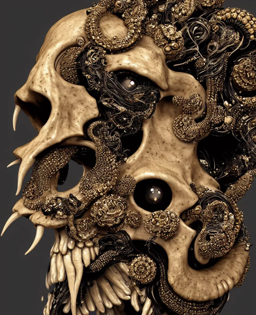 Image similar to goddess princess face close-up portrait ram skull. sculpture made of black clay and gold. jellyfish phoenix head, nautilus, orchid, skull, betta fish, bioluminiscent creatures, intricate artwork by Tooth Wu and wlop and beeple. octane render, trending on artstation, greg rutkowski very coherent symmetrical artwork. cinematic, hyper realism, high detail, octane render, 8k