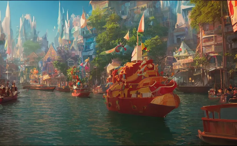 Image similar to a film still floats carnival, medium shot, waist up, studio Ghibli, Pixar and Disney animation, sharp, Rendered in Unreal Engine 5, anime key art by Greg Rutkowski, Bloom, dramatic lighting