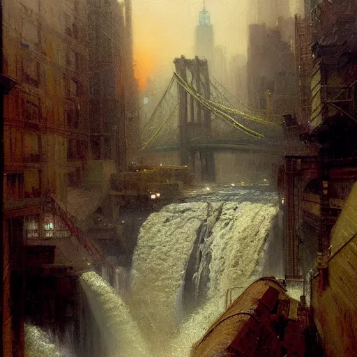 Image similar to waterfall flooding the city of new york. highly detailed painting by gaston bussiere, craig mullins, j. c. leyendecker