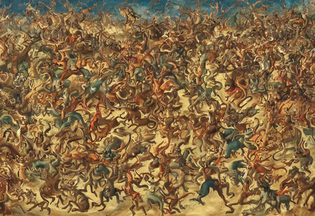 Image similar to a painting of the squirrel king fighting a vast horde of demons