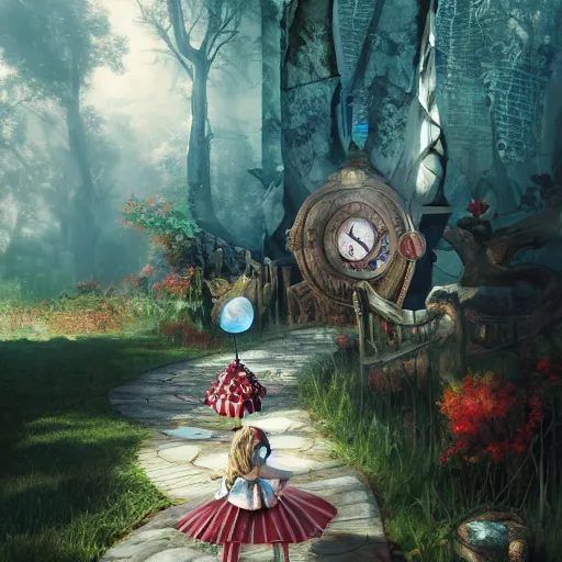 Prompt: american mcgee alice in wonderland concept art, photo-realistic volumetric lighting, highley detailed, octave render, award winning, photo-realistic featured in artstation