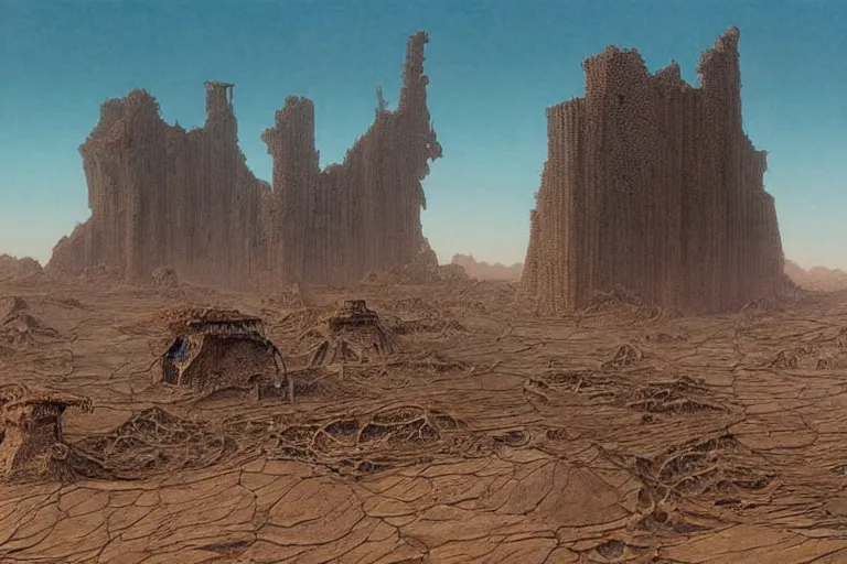 Image similar to intricate, 3 d, endless wastes vast desert abandoned buildings, style by caspar david friedrich and wayne barlowe and ted nasmith