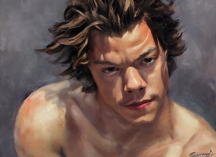 Image similar to a highly detailed beautiful portrait of harry styles as kratos, by gregory manchess, james gurney, james jean