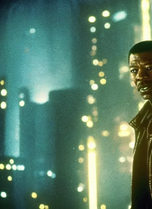 Prompt: a movie still of morgan freeman as rick deckard in blade runner