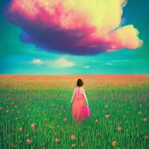 Image similar to woman with a flower face standing in flower field, surreal photography, photo manipulation, sunrise, impressionism, colorful clouds, artstation, simon stalenhag