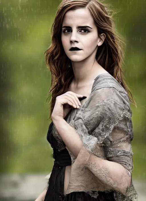 Image similar to Emma Watson for Victorian Secret, perfect face, hot summertime goth in the rain, full length shot, XF IQ4, 150MP, 50mm, f/1.4, ISO 200, 1/160s, natural light, Adobe Photoshop, Adobe Lightroom, DxO Photolab, Corel PaintShop Pro, rule of thirds, symmetrical balance, depth layering, polarizing filter, Sense of Depth, AI enhanced