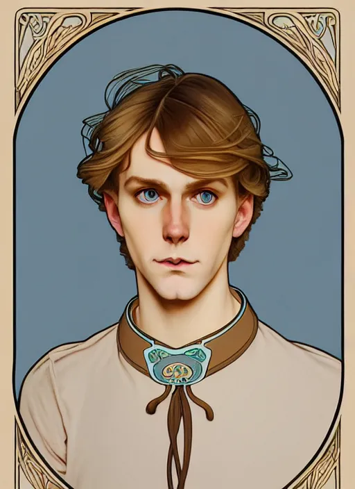 Image similar to art nouveau portrait of a pretty young man with short light brown straw blond hair, light blue eyes, sad expression, scared, head down, shy and demure, wearing a choker collar, natural lighting, path traced, highly detailed, high quality, cartoon, digital painting, by don bluth and ross tran and studio ghibli and alphonse mucha