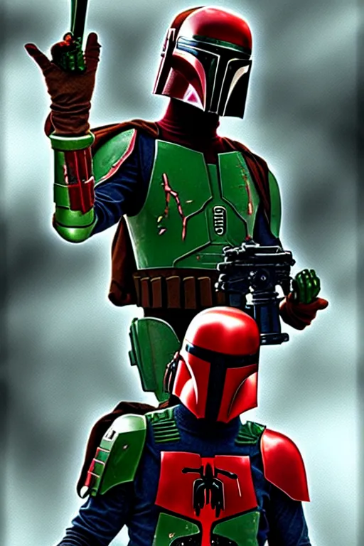 Image similar to boba fett spiderman character mashup, digital art, movie still from the matrix, insane detail