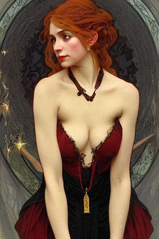 Prompt: female occultist, sweeping wild blonde hair, red eyes, portrait, high cheekbones, smug, evil, Victorian, black velvet dress, dark colors, ruby jewelry, fantasy painting, trending in Artstation, GSociety, by Alphonse Mucha, Brom, William-Adolphe Bouguereau