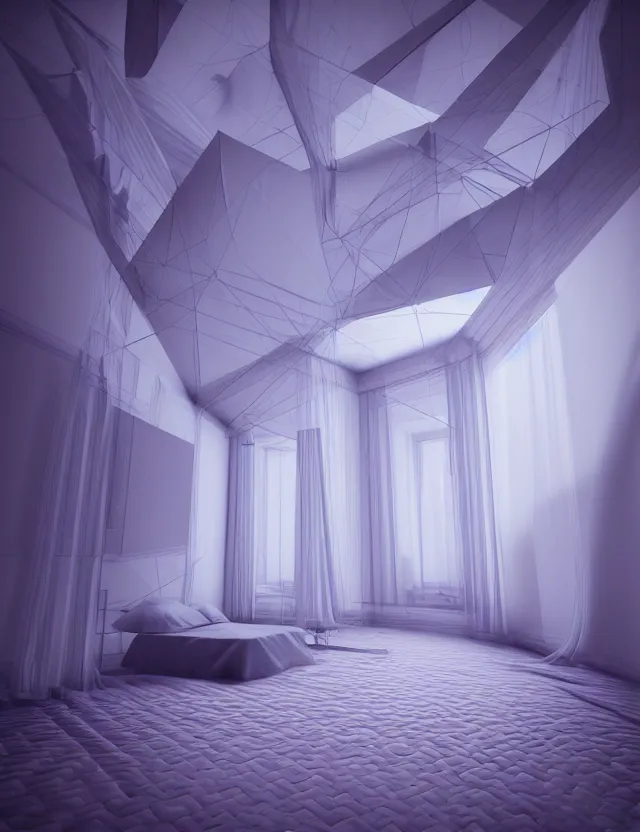 Image similar to dreamlike photo of floating bed above floor in a giant room with bright windows opening to other dimensions by andrzej sykut by lee madgewick, photorealistic, folded geometry, octane render, recursive, high contrast, pretty color, multiverse!!!!!!, labyrinthine, optical illusion, impossible angles