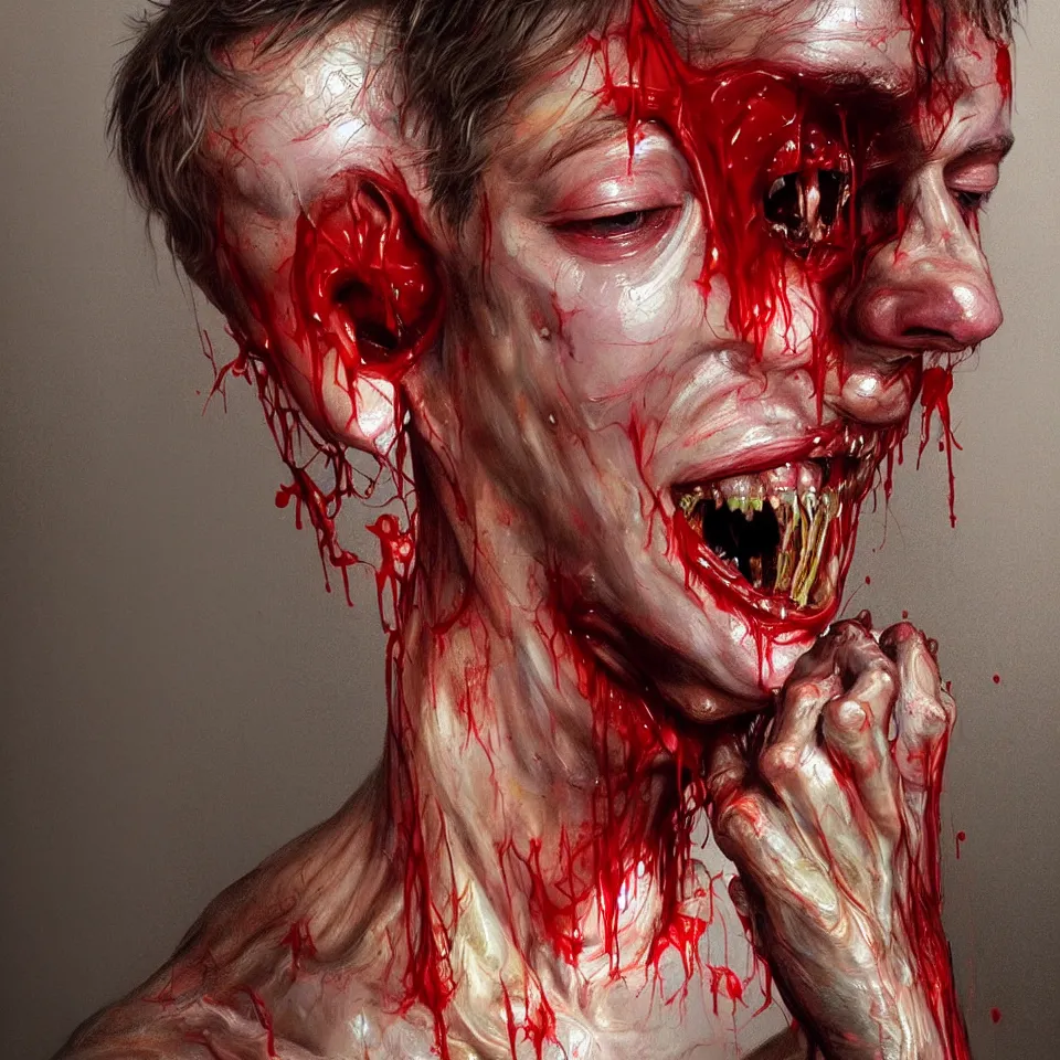 Image similar to bright realistic anorexic man puking blood and smiling franticly, apartment, rotten flesh, diffuse lighting, fantasy, intricate, elegant, highly detailed, lifelike, photorealistic, digital painting, artstation, illustration, concept art, smooth, sharp focus, art by francis bacon and jenny saville