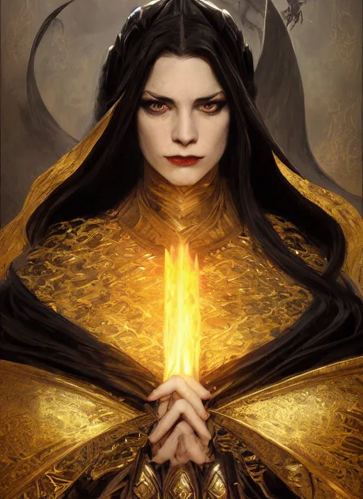 Prompt: medium-length portrait of a female dragonborn wizard with black scales and golden eyes, black dragon head, serious expression, wears a beautiful flowing dark robe, medieval setting, highly detailed, digital painting, artstation, concept art, sharp focus, illustration, art by greg rutkowski and alphonse mucha