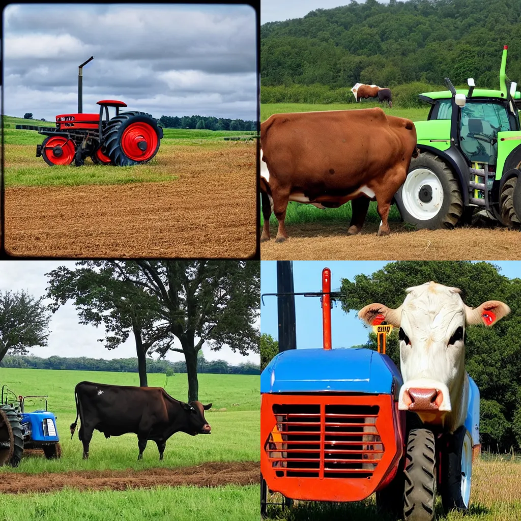 Prompt: a cow driving a tractor