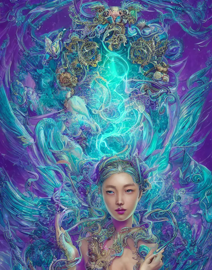 Prompt: goddess portrait, mermaid siren phoenix dragon, butterfly squid, burning halo mandala symmetrical ornament, intricate artwork by Tooth Wu and james jean and beeple and greg rutkowski, coherent symmetrical artwork, cinematic, hyper realism, high detail, octane render, unreal engine, 8k, Vibrant colors, Smooth gradients, High contrast, depth of field