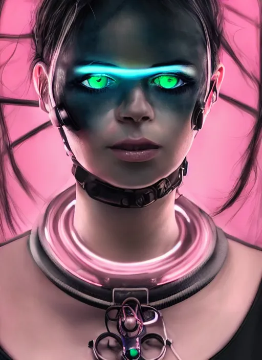 Image similar to detailed realistic female character cyberpunk wearing thick technological collar around neck, realistic, art, beautiful, 4K, collar, choker, collar around neck, punk, artstation, detailed, female, woman, choker, cyberpunk, neon, neon, punk, collar, choker around neck, collar around neck,