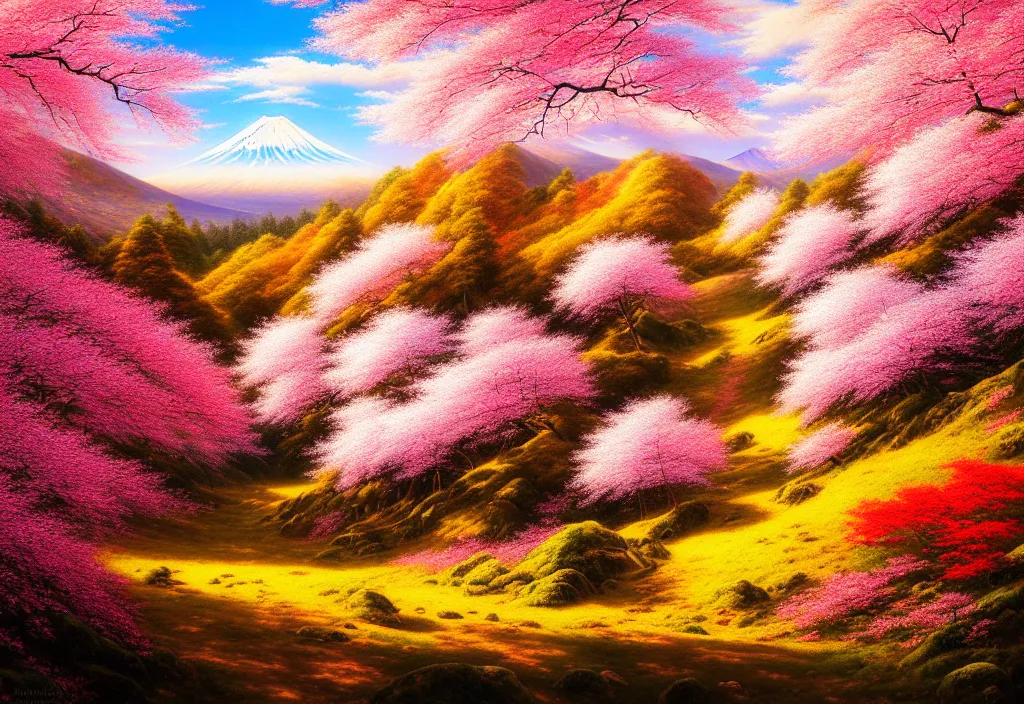 Image similar to a real photographic landscape painting with incomparable reality, wide angle, in forest, flowers, cherry blossom tree in full bloom, bright style, mount fuji, clearing, john howe, magnificent, artstation