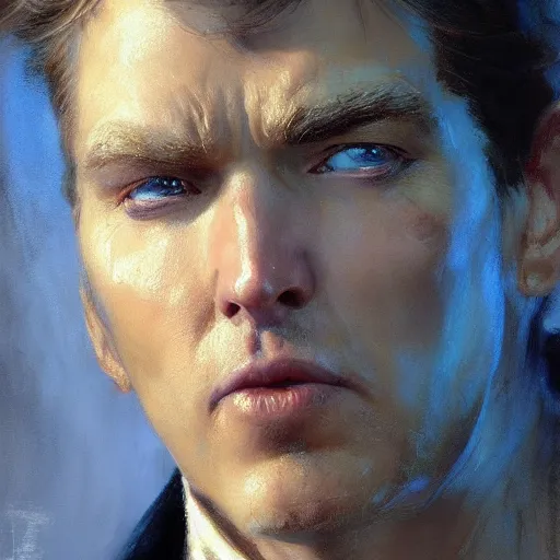 Image similar to detailed cinematic wide shot of beautiful attractive donal trump slim face symettrical face clean skin blue eyes black robe smooth, sharp focus, ultra realistic, spring light, painting by gaston bussiere, craig mullins, j. c. leyendecker