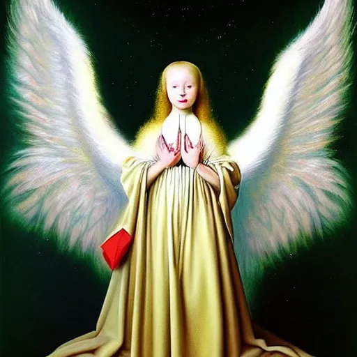 Image similar to highdetailed hyperrealistic painting of white angel!!! no gender!!!, giant ball of miracle light from the chest!!!!!, white sparkles everywhere, 4 k hd fur face!!!, big wings, by jan van eyck, holography space, glow effect, large strokes, white monochrome color!!!!!