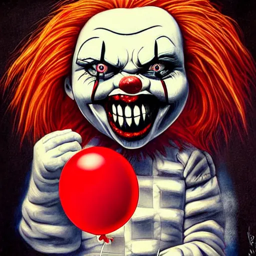 Prompt: grunge cartoon painting of chucky with a wide smile and a red balloon by chris leib, loony toons style, pennywise style, horror theme, detailed, elegant, intricate