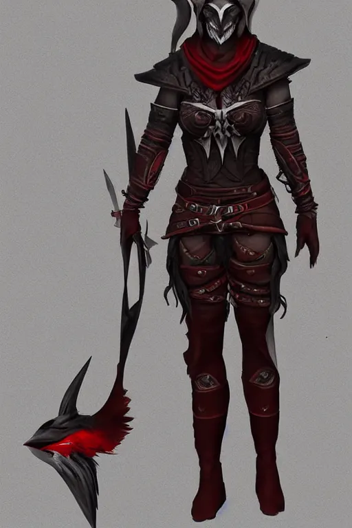 Image similar to female adventurer in tight full - body ebony leather armor of dunmer design with dark red cloth underneath and with a red porcelain crow mask, trending in artstation, establishing shot