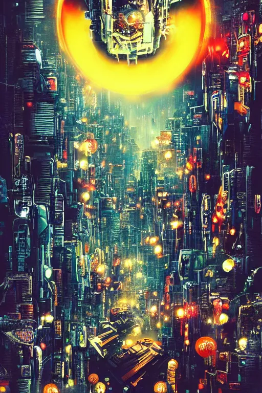 Prompt: movie poster for randypunk, intricate, orange sphere overlooking city, street gang, dramatic lighting, cyberpunk city, epic composition, bladerunner, tatsuki fujimoto