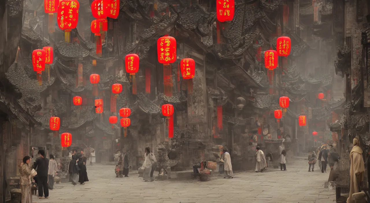 Image similar to on the night of the chinese new year's day, many chinese ghosts wander in the ancient chinese streets. the guiding line composition method, the tindal effect, the soft light, the cool color, by wu jinyuan, trending on artstation