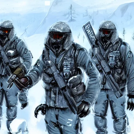 Image similar to multiple soldiers wearing arctic clothing, riot gear, in snow storm, apocalyptic, artstation