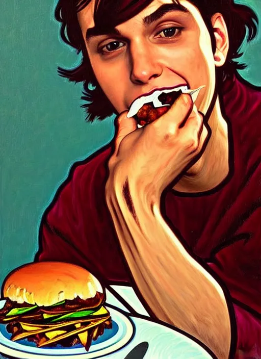 Prompt: oil painting, jughead jones devours a hamburger, intricate, elegant, highly detailed, lighting, painting, artstation, smooth, illustration, art by greg rutowski and alphonse mucha