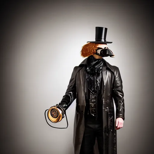 Image similar to anthropomorphic goose wearing steampunk leather goggles, leather facial mask, a long leather coat, dramatic lighting, full body shot, sigma 5 0 mm