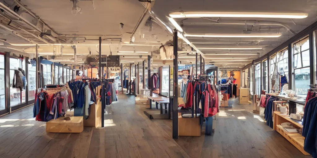 Image similar to New Balance Pop Up store, interior of vintage ferry, bright windows, warm light shafts, cinematic lighting,