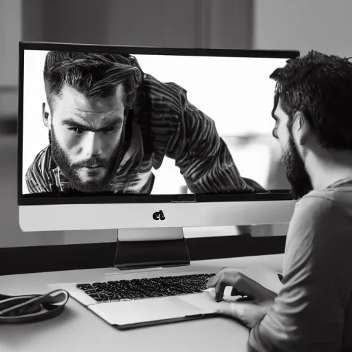 Image similar to the gigachad watching a video on a laptop, photorealistic, ultra detailed, high resolution, 8 k, black and white